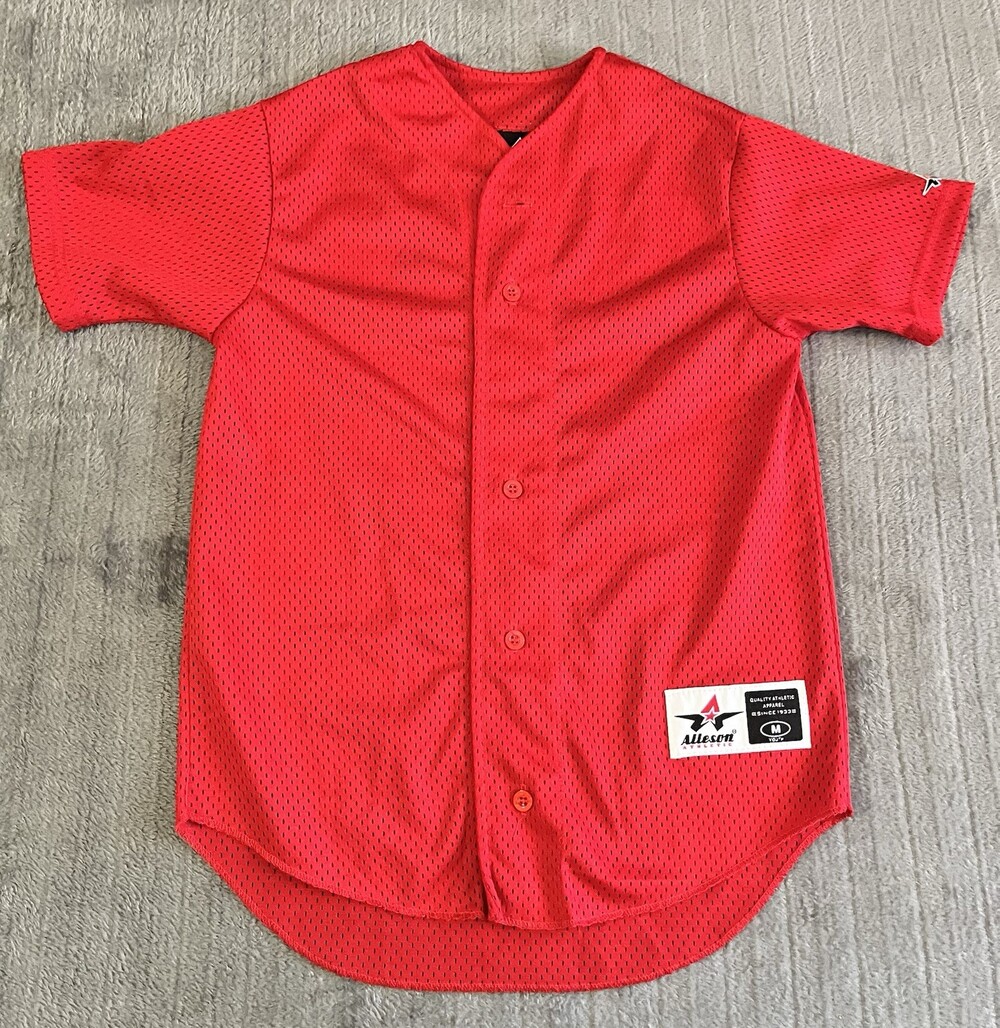 Alleson Athletic Red Mesh Baseball Shirt Button-up  Jersey Youth Medium